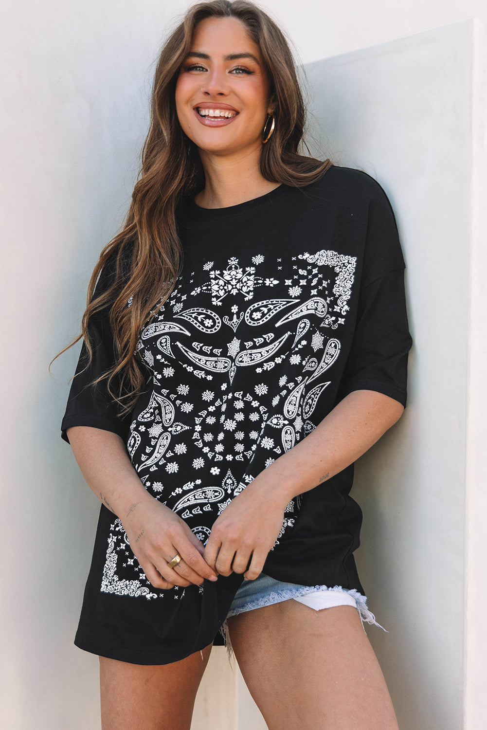 Black Paisley Print Crew Neck Loose Fit Tunic Tee-Chaelisa's New Jammies
