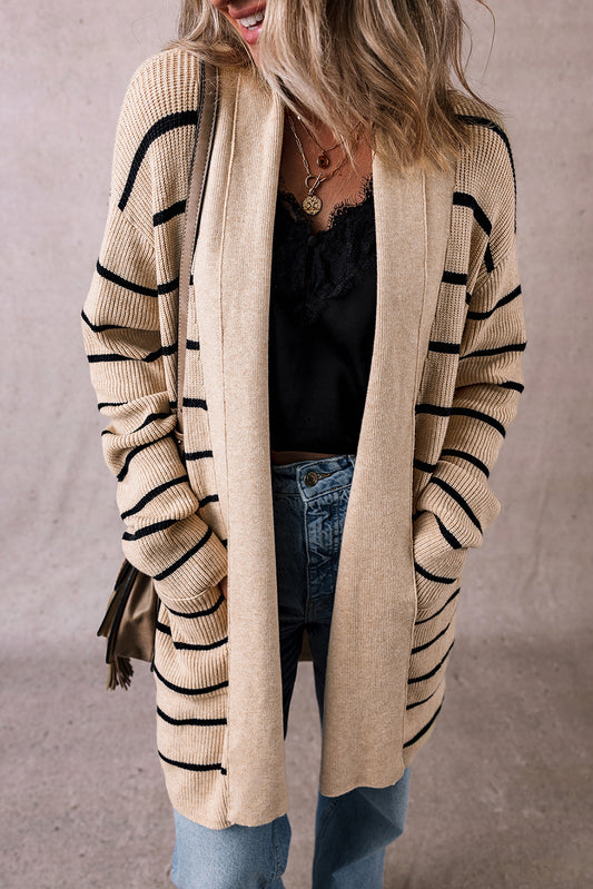 Black Stripe Shawl Neckline Open Cardigan with Pockets-Chaelisa's New Jammies