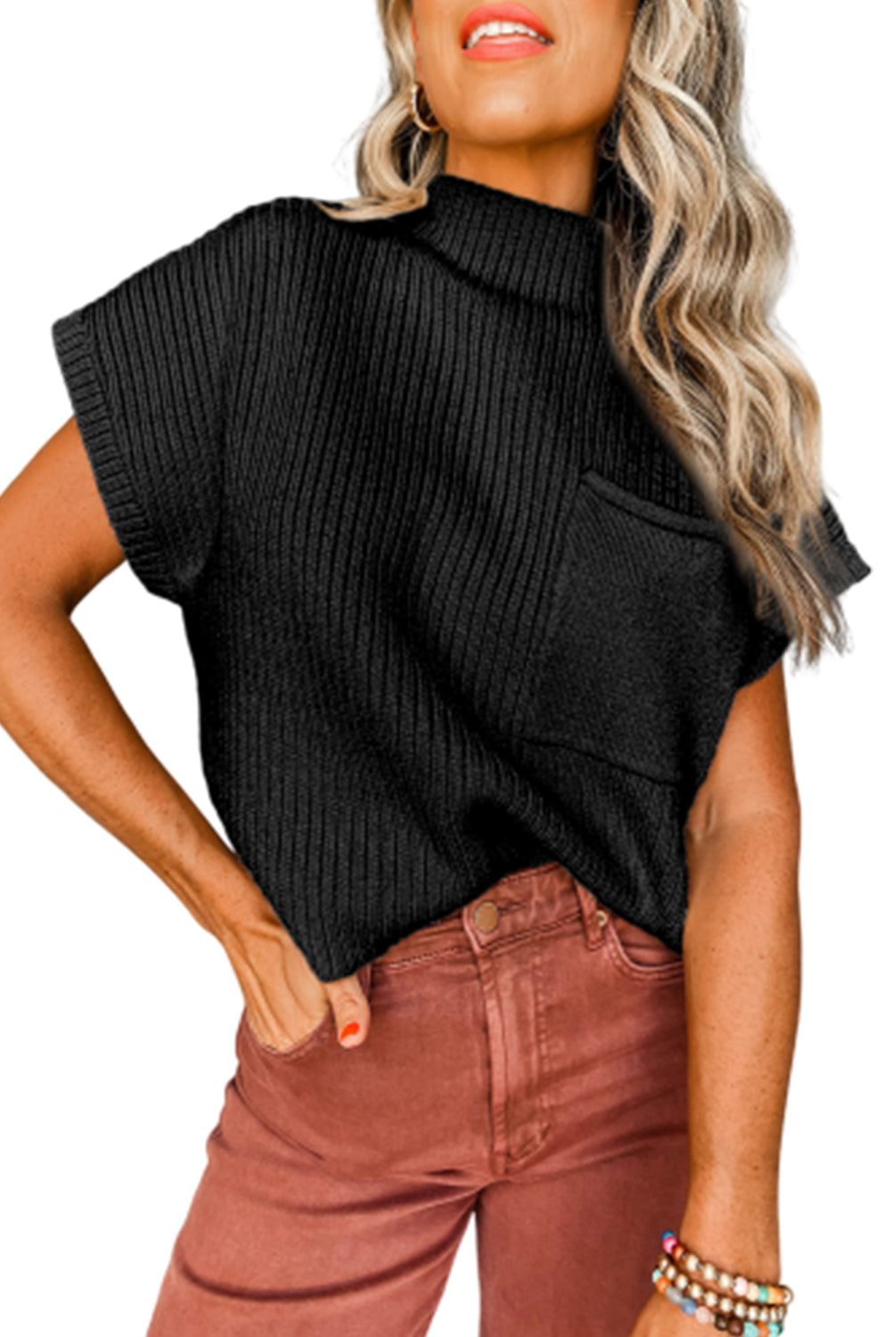Black Patch Pocket Ribbed Knit Short Sleeve Sweater-Chaelisa's New Jammies