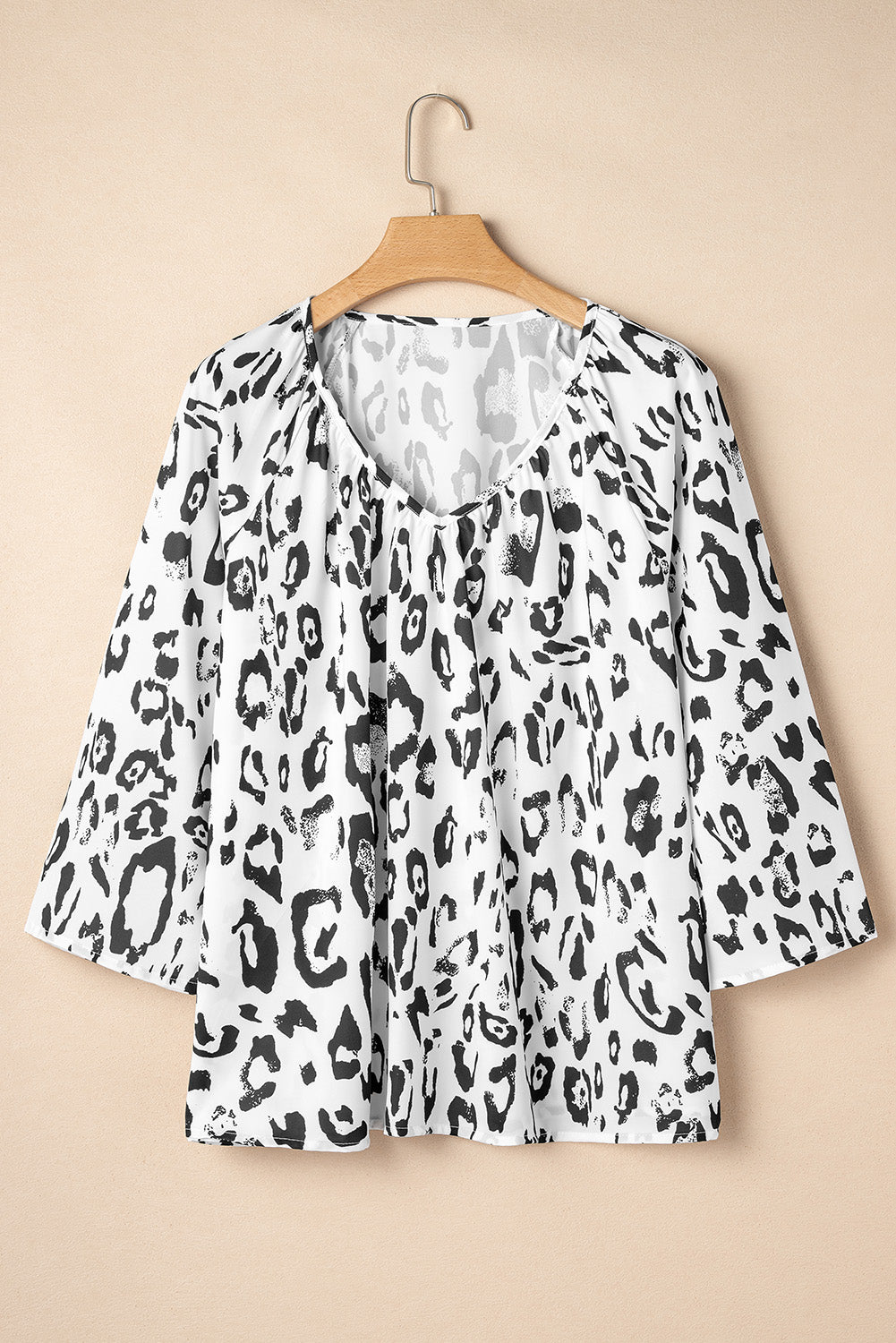 Black Leopard Print Ruched V Neck 3/4 Sleeve Blouse-Chaelisa's New Jammies
