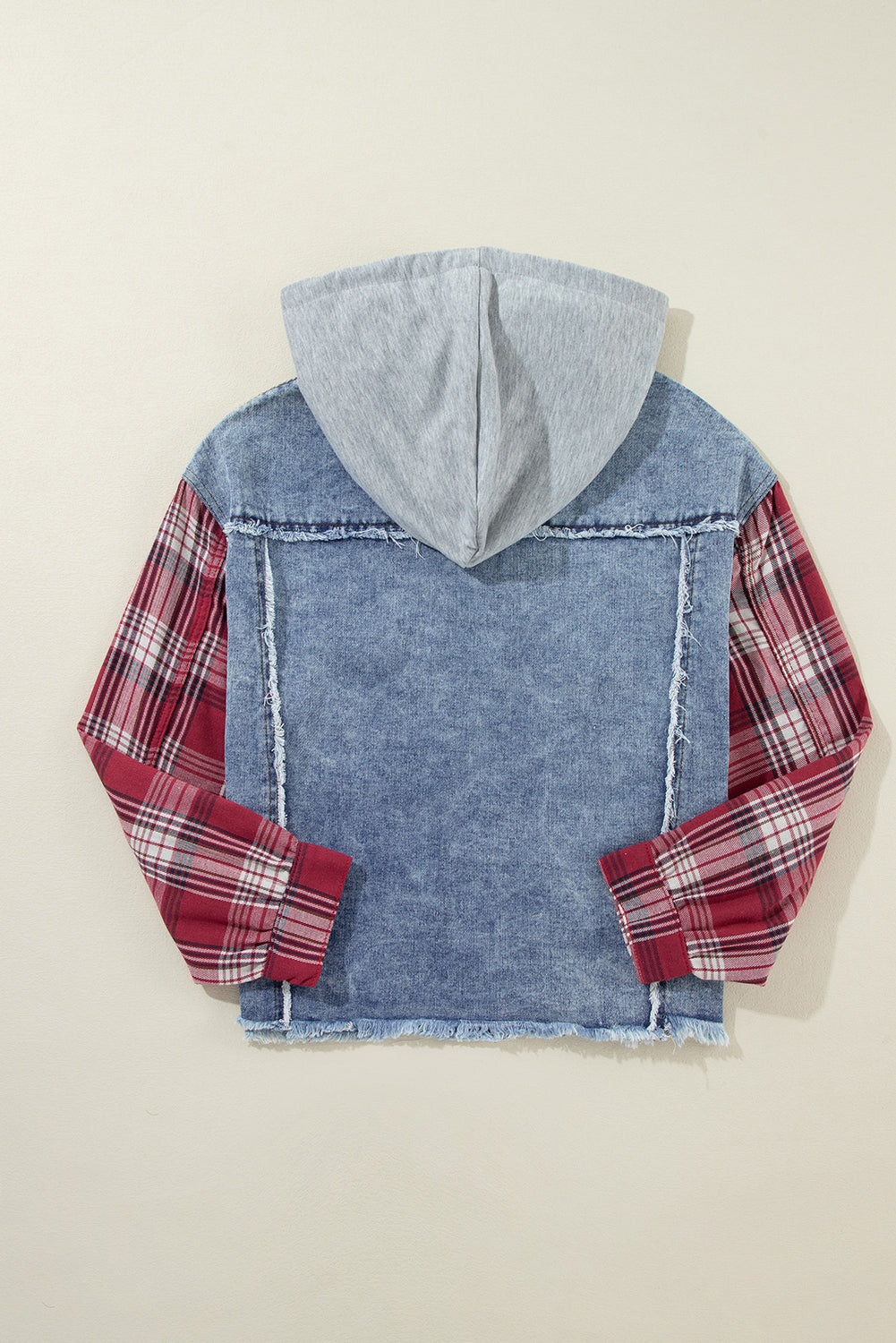 Beau Blue Plaid Print Patchwork Hooded Raw Hem Denim Jacket-Chaelisa's New Jammies