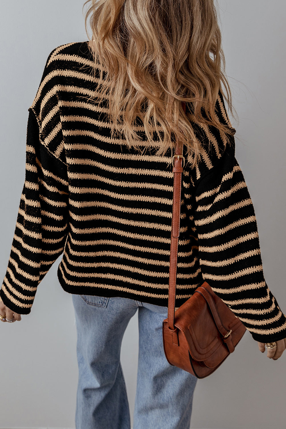 Black Stripe Drop Shoulder Round Neck Loose Sweater-Chaelisa's New Jammies