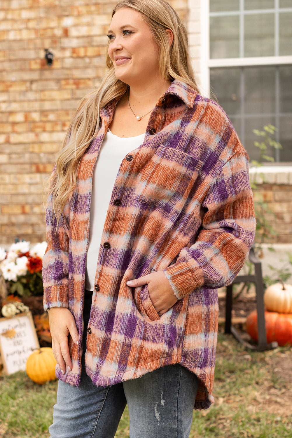 Multicolour Plus Size Plaid Print Collared Button up Jacket-Chaelisa's New Jammies