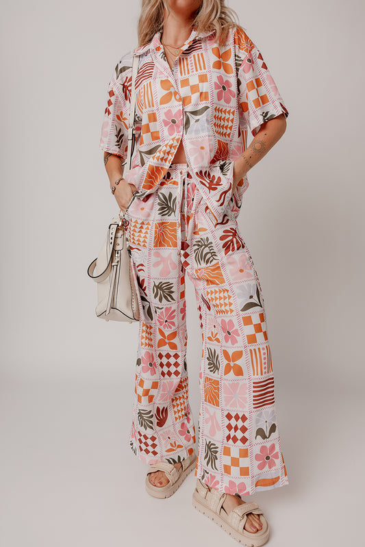 Orange Plant Checkered Print Collared Shirt and Wide Leg Pants Set-Chaelisa's New Jammies