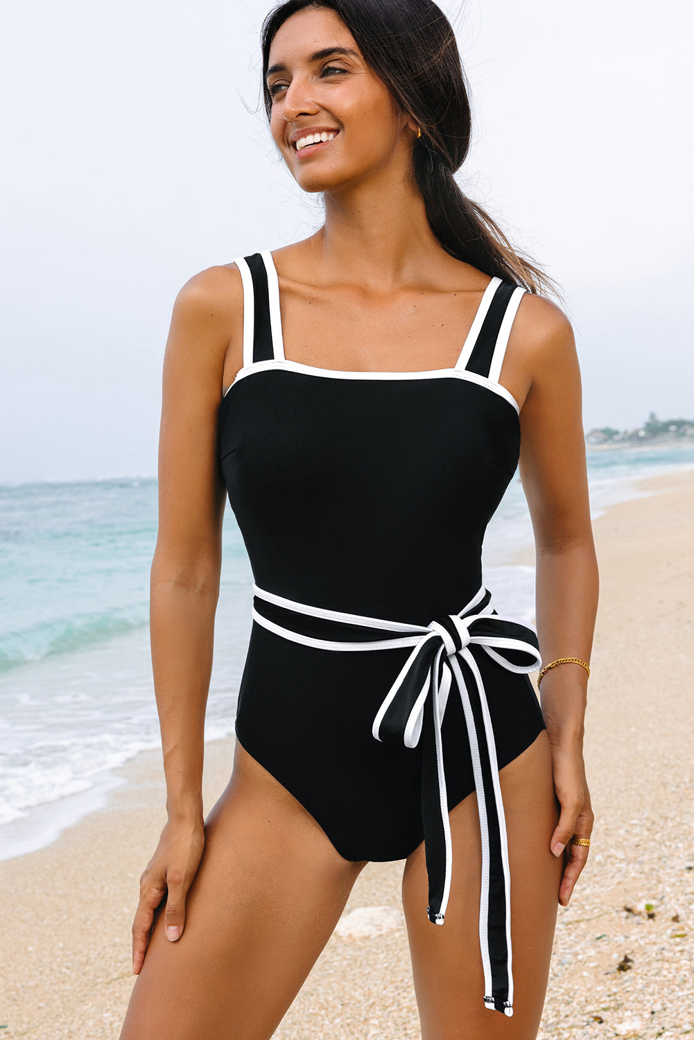 Black Colorblock Edge Belted One Piece Swimsuit-Chaelisa's New Jammies