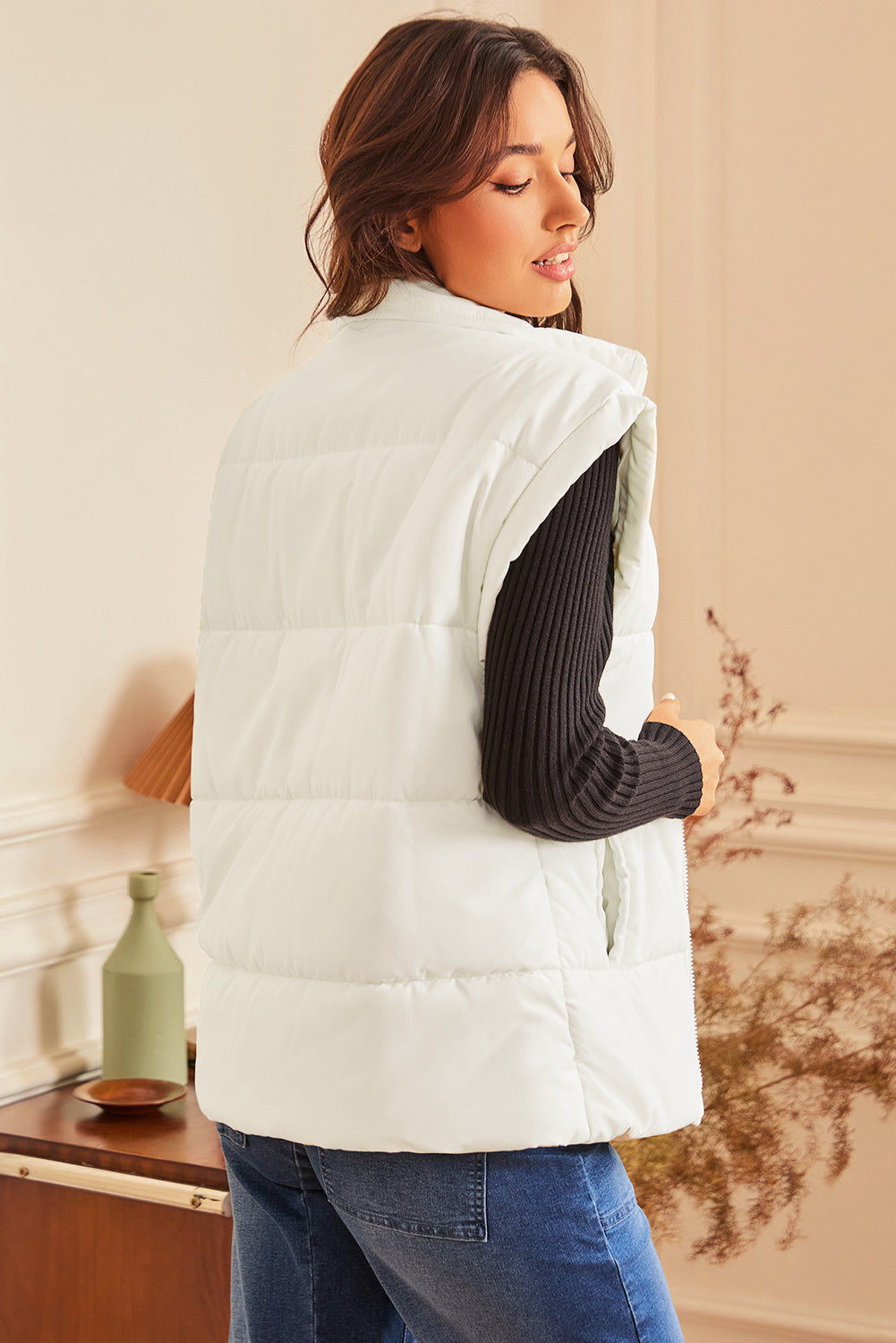 Beige Zipper Stand Neck Oversized Puffer Vest-Chaelisa's New Jammies