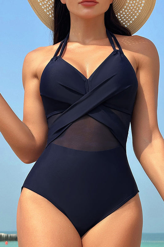 Navy Blue Halter Mesh Insert Cross Front One-Piece Swimsuit-Chaelisa's New Jammies