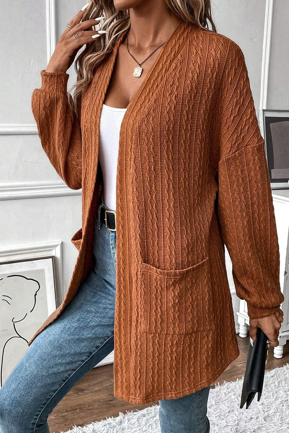 Chestnut Textured Knit Side Pockets Open Front Cardigan-Chaelisa's New Jammies