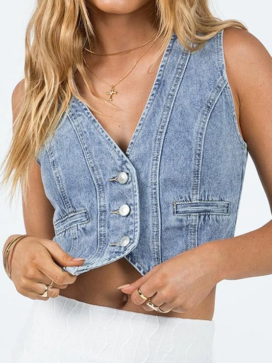 Button Up Sleeveless Denim Top-Chaelisa's New Jammies