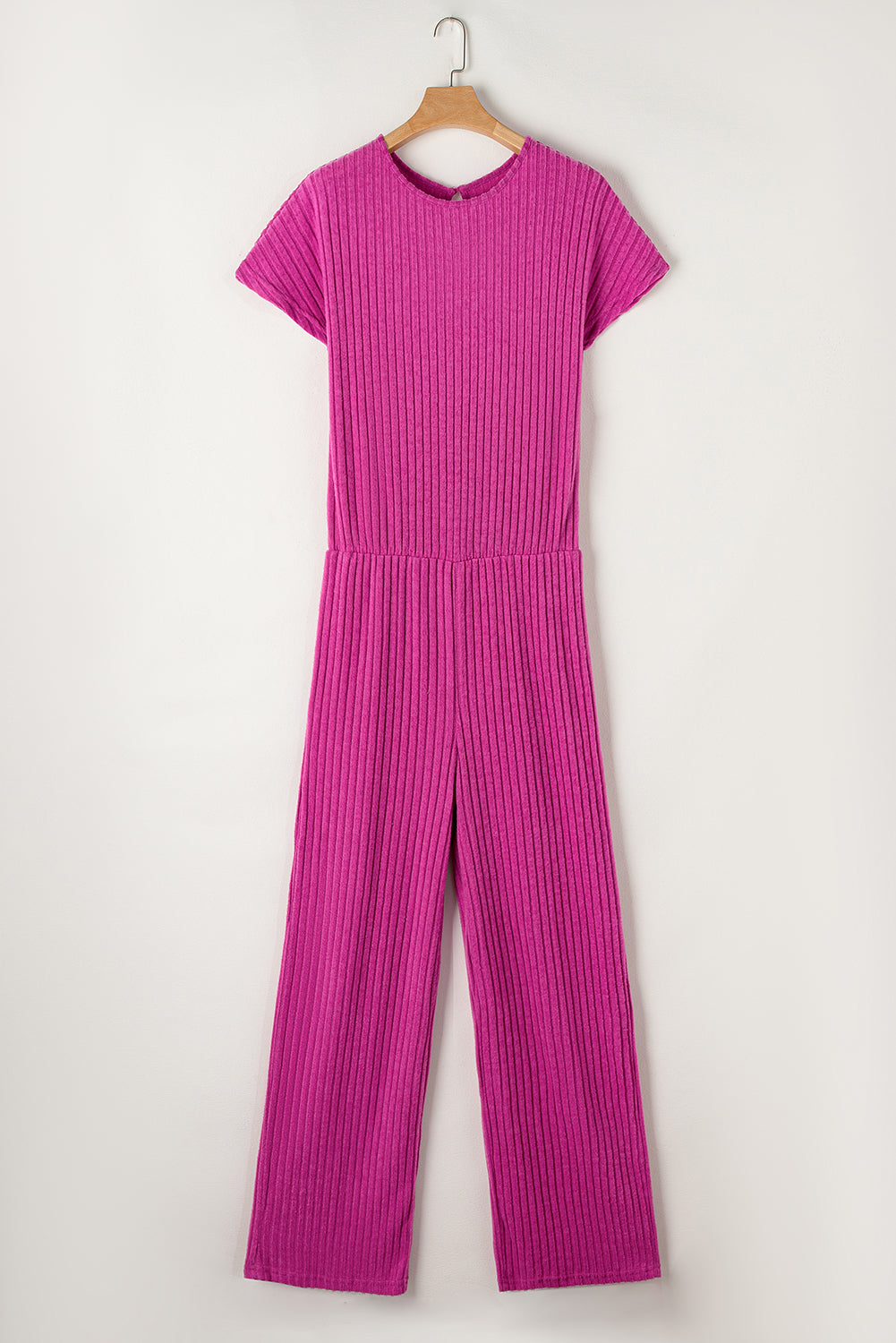 Rose Red Solid Color Ribbed Short Sleeve Wide Leg Jumpsuit-Chaelisa's New Jammies