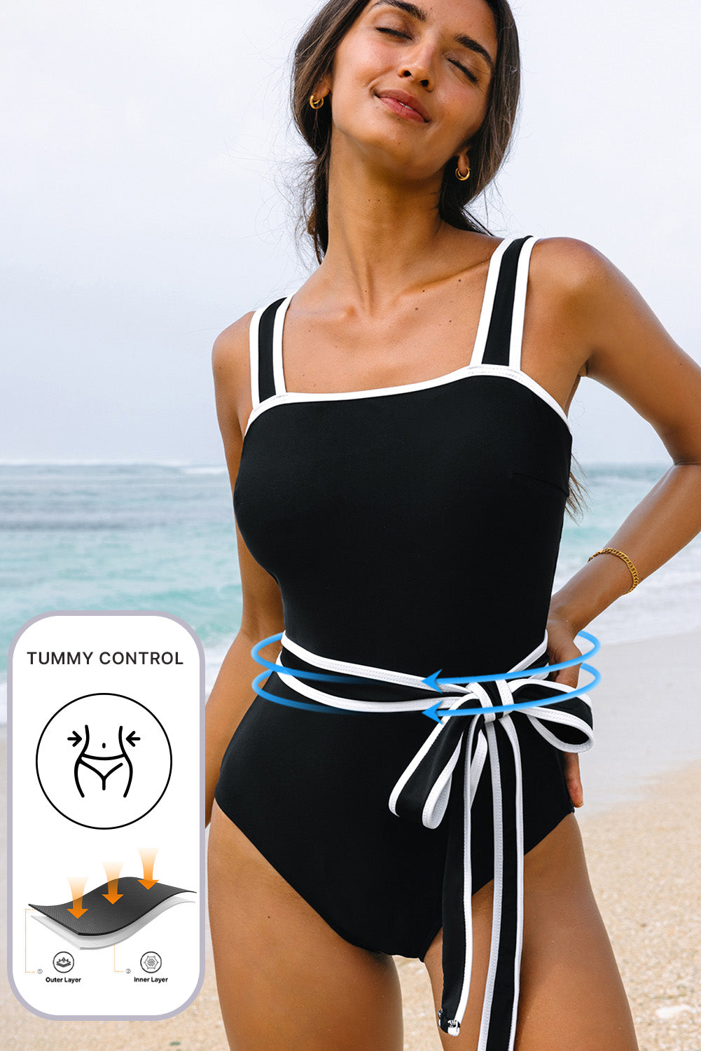 Black Colorblock Edge Belted One Piece Swimsuit-Chaelisa's New Jammies