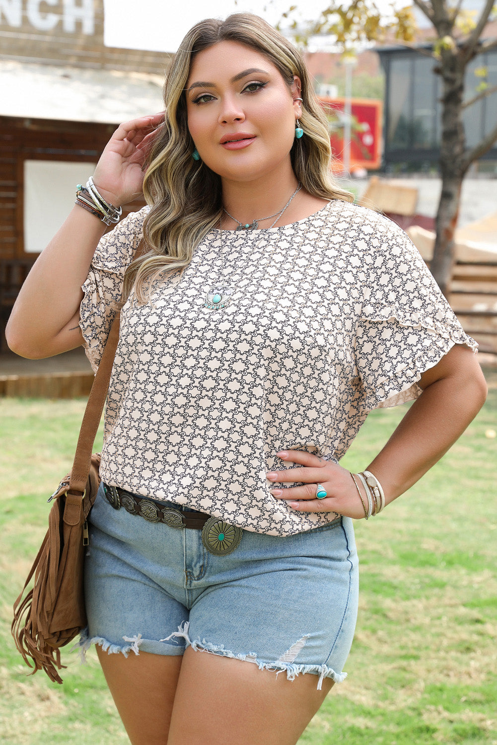 Khaki Plus Size Geometric Print Ruffled Sleeve Blouse-Chaelisa's New Jammies