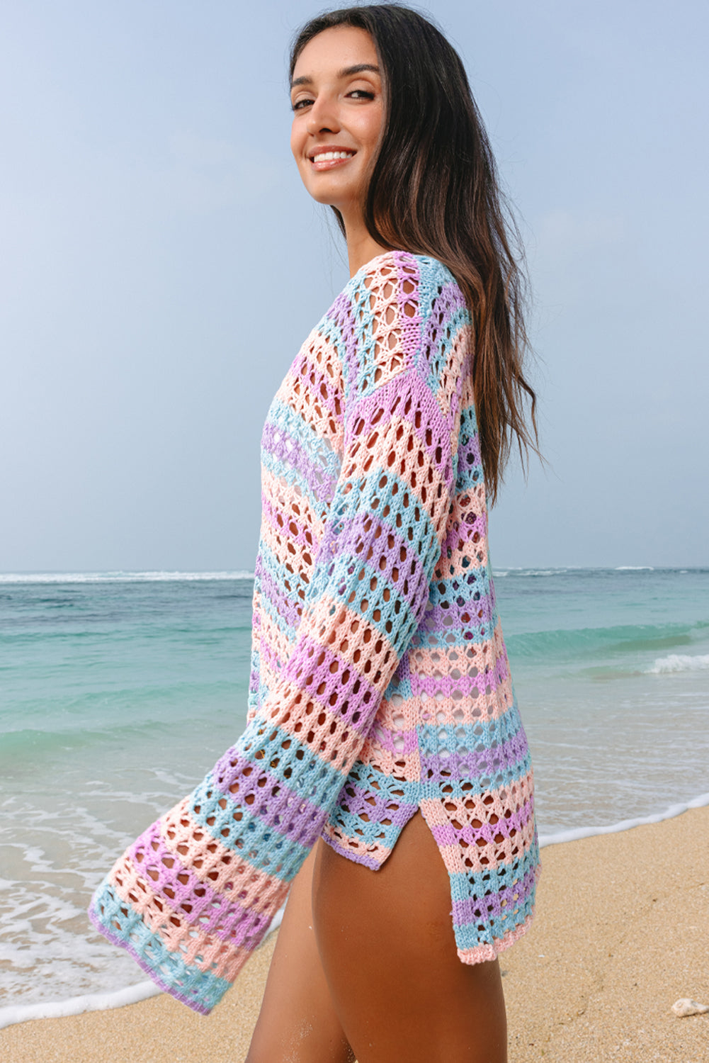 Purple Multi Stripe Open Knit Sweater Beach Cover Up-Chaelisa's New Jammies