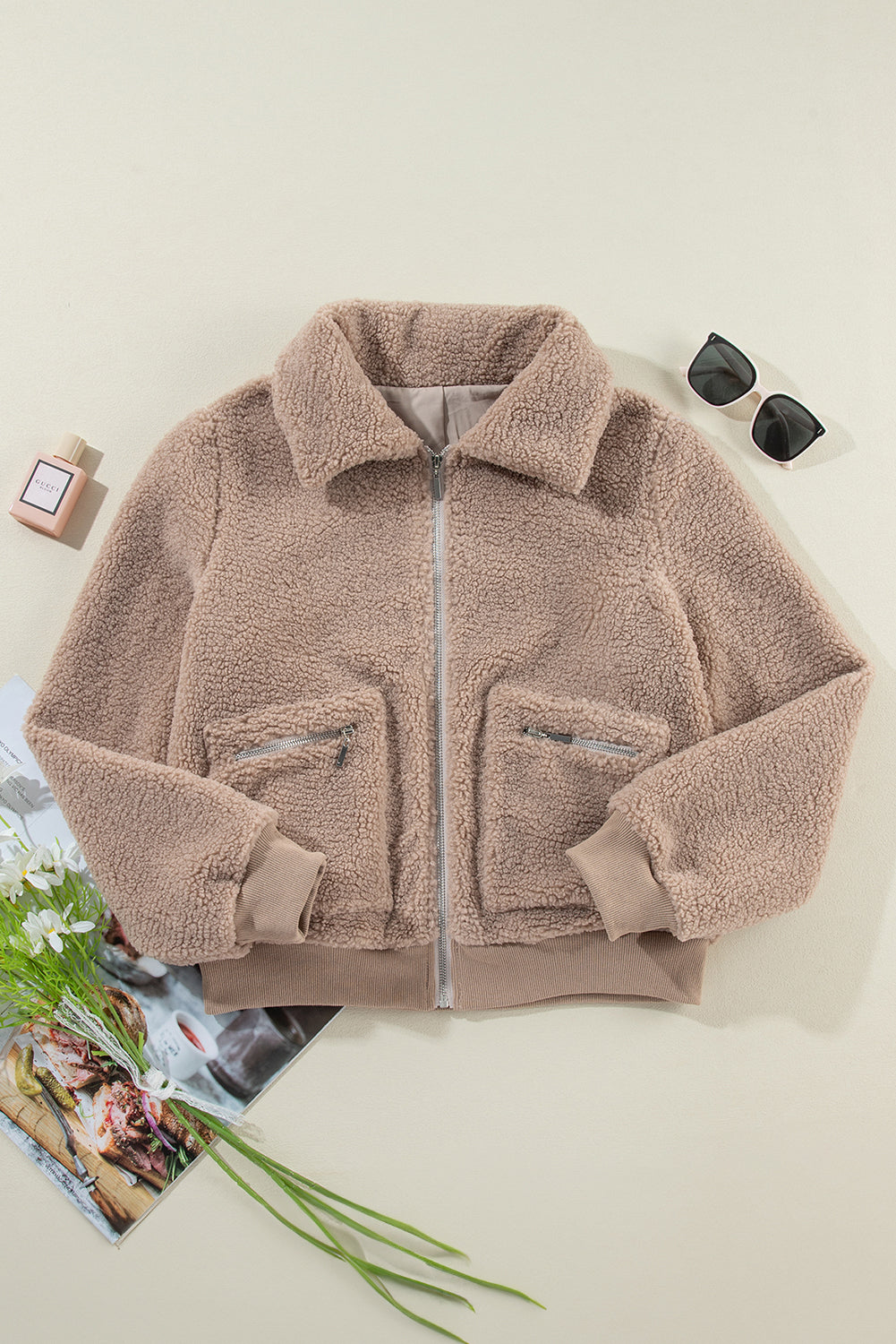 Light French Beige Zipper Pocketed Winter Fuzzy Jacket-Chaelisa's New Jammies