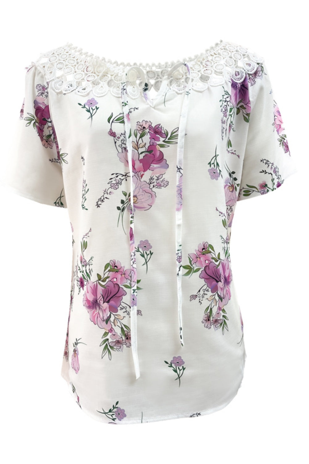 Full Size Printed Tie Neck Short Sleeve Blouse-Chaelisa's New Jammies