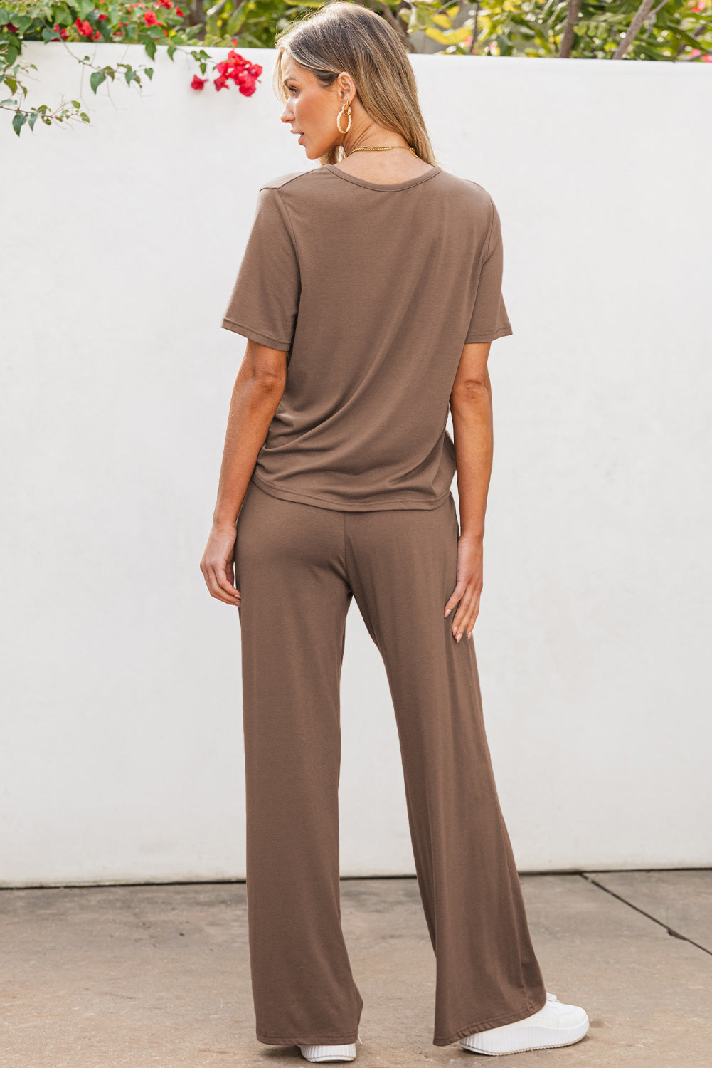 Smoke Gray Solid Color T Shirt 2pcs Wide Leg Pants Set-Chaelisa's New Jammies