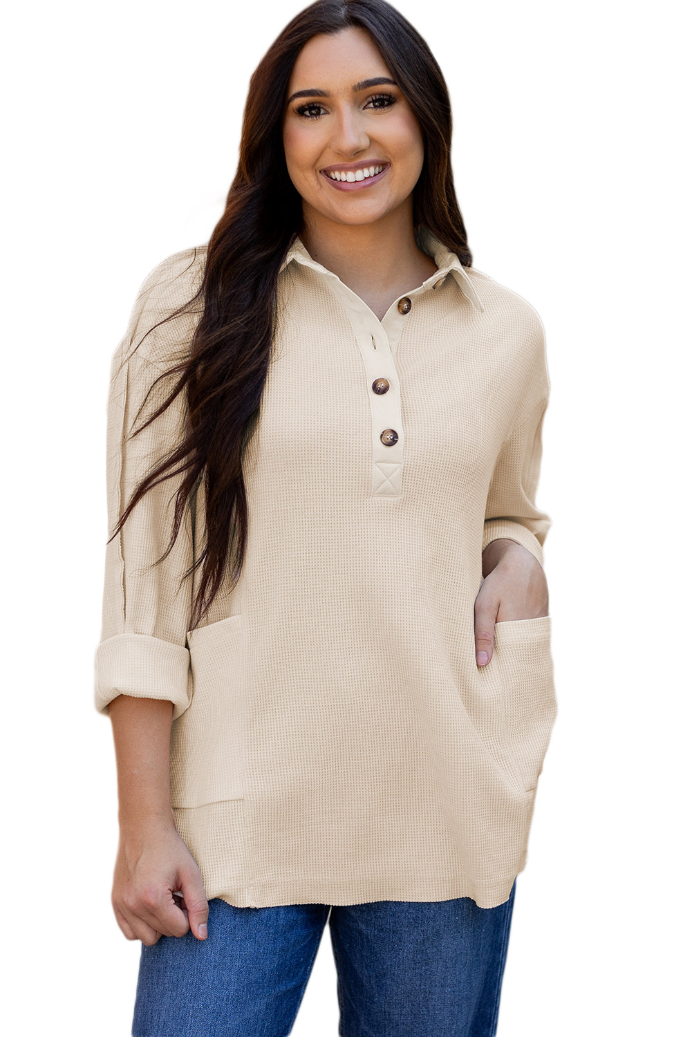 Jet Stream Waffle Long Sleeve Collar Half Button Loose Top-Chaelisa's New Jammies