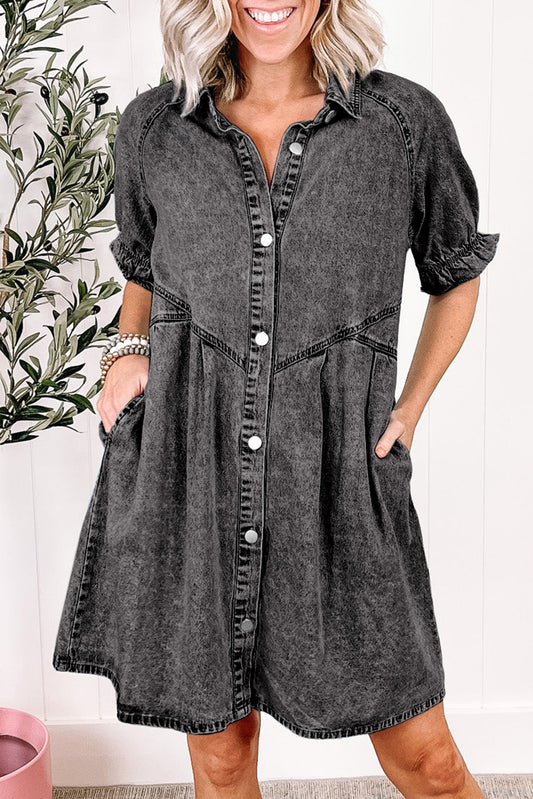 Medium Grey Mineral Wash Ruffled Short Sleeve Buttoned Denim Dress-Chaelisa's New Jammies