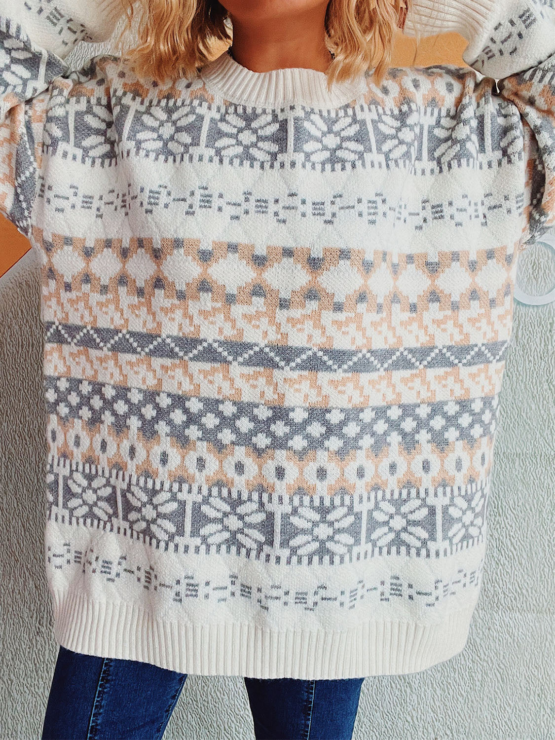 Geometric Round Neck Dropped Shoulder Sweater-Chaelisa's New Jammies