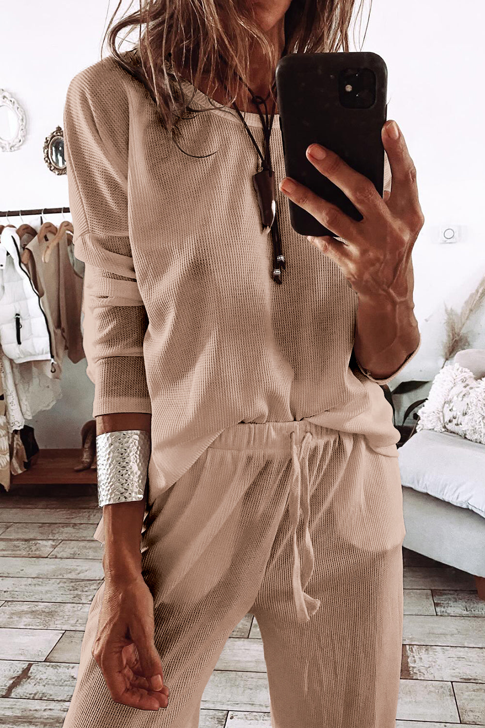 Parchment Textured Long Sleeve T Shirt and Pants Lounge Set-Chaelisa's New Jammies
