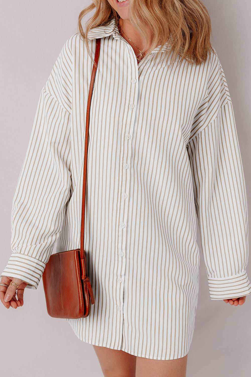 Khaki Stripe Long Sleeve Button Up Mini Shirt Dress-Chaelisa's New Jammies