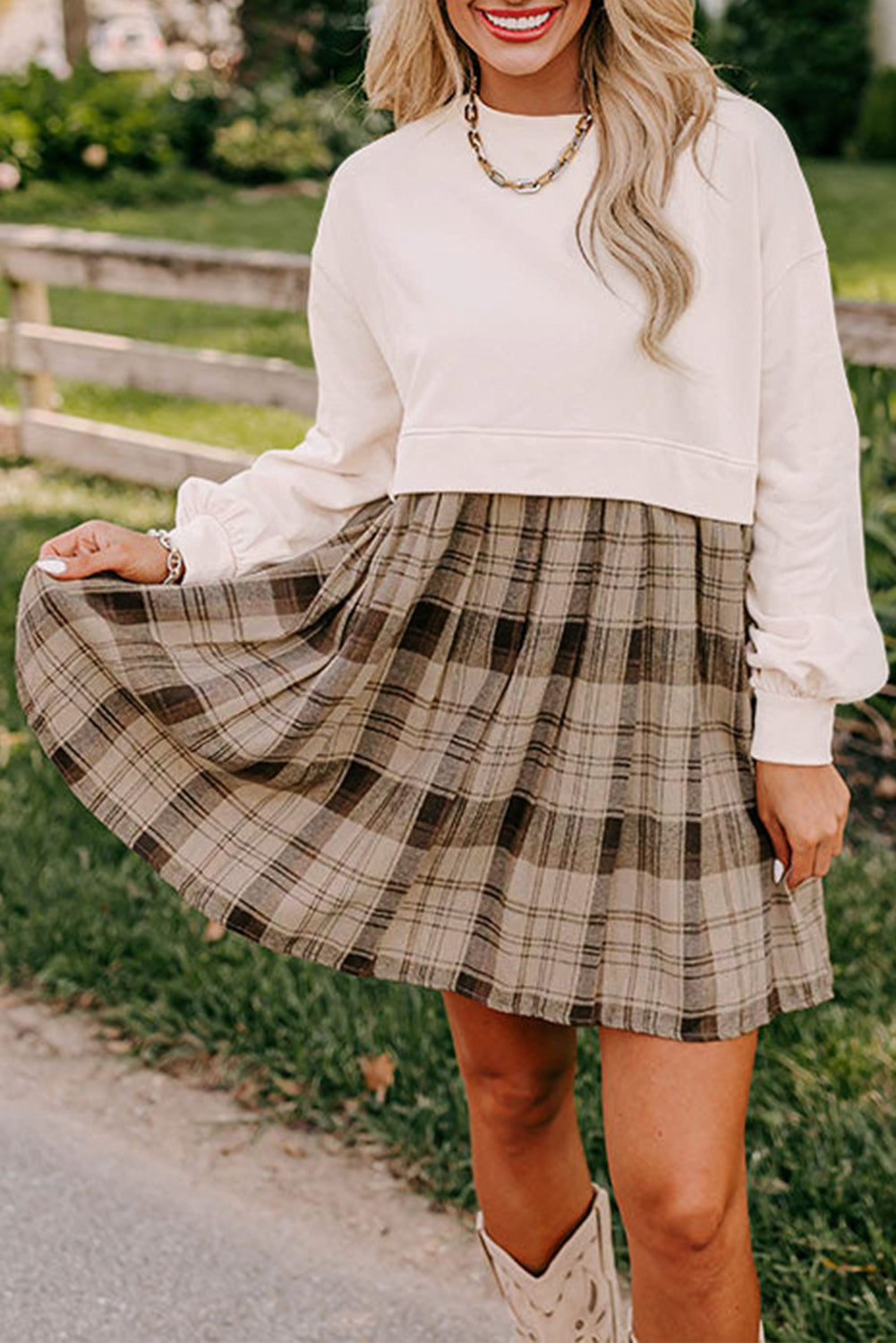 Beige Plaid Patchwork High Waist Sweatshirt Mini Dress-Chaelisa's New Jammies