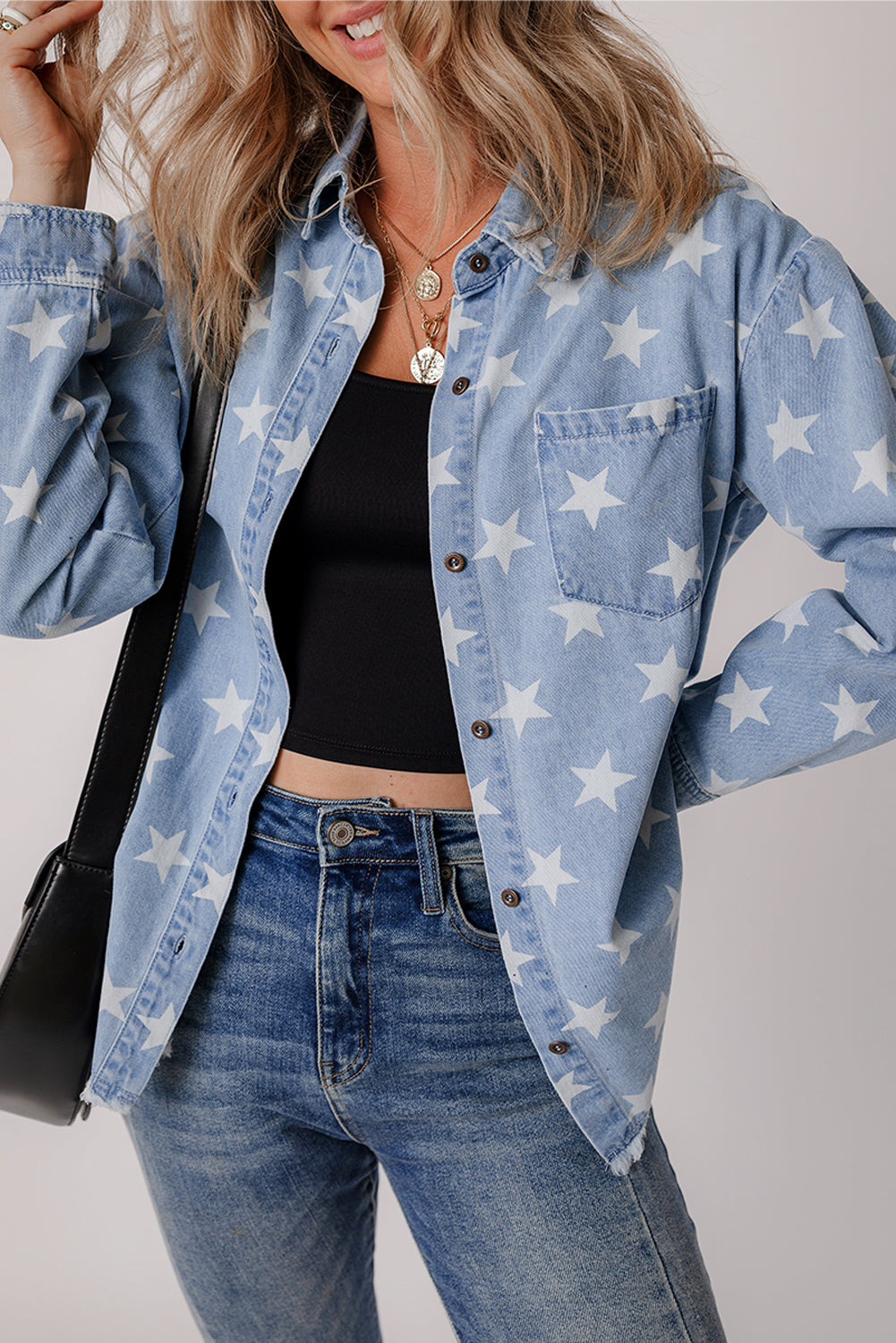 Sky Blue Star Print Light Wash Raw Hem Denim Jacket-Chaelisa's New Jammies