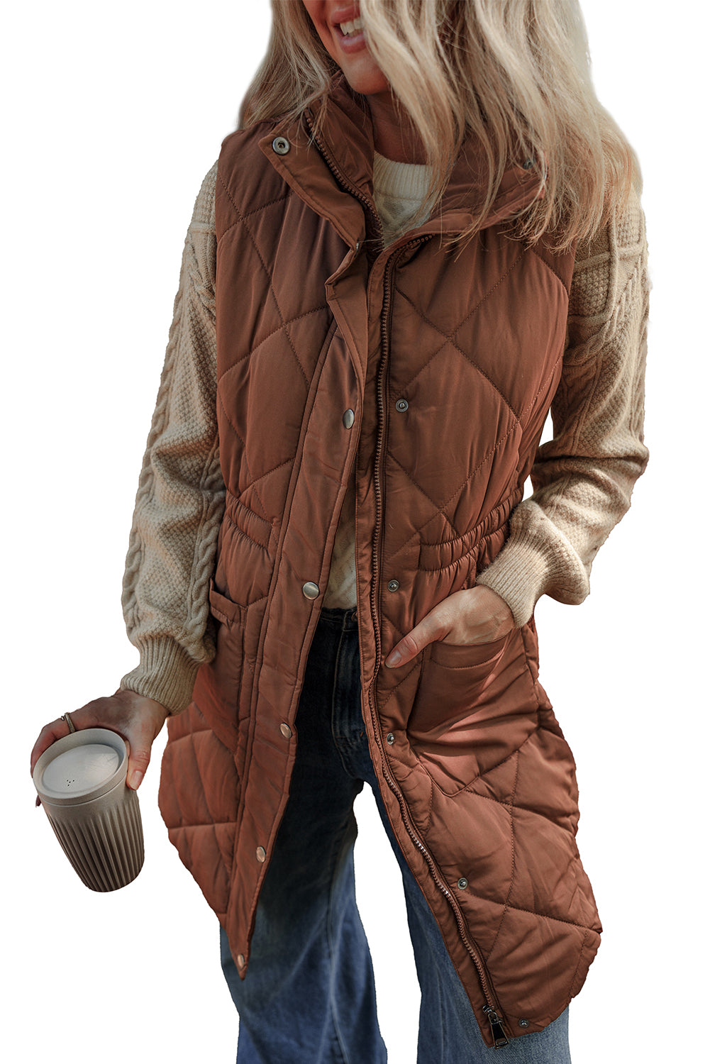 Coffee Longline Quilted Stand Collar Puffer Vest-Chaelisa's New Jammies