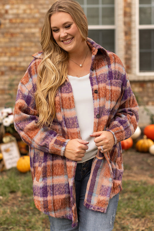 Multicolour Plus Size Plaid Print Collared Button up Jacket-Chaelisa's New Jammies