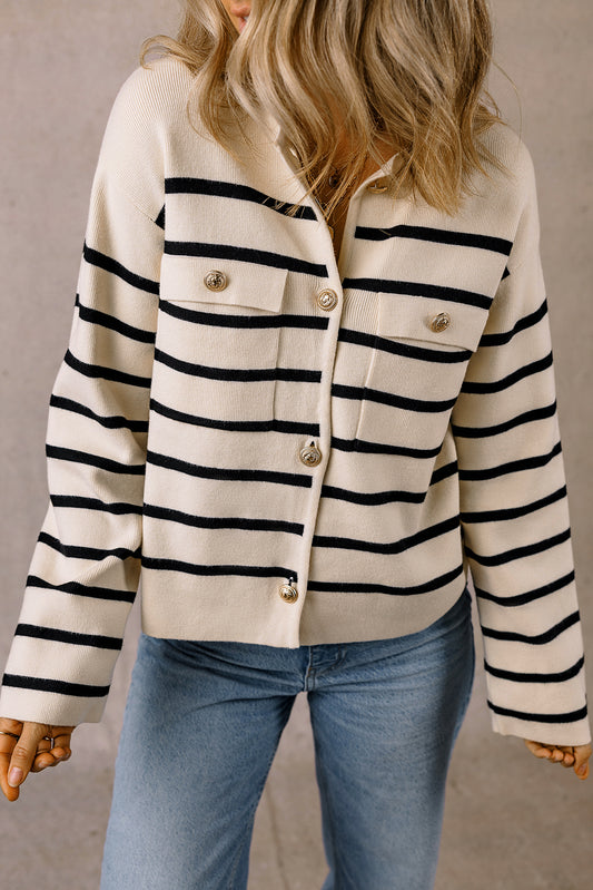 Black Stripe Flap Pocket Buttoned Cardigan Sweater-Chaelisa's New Jammies