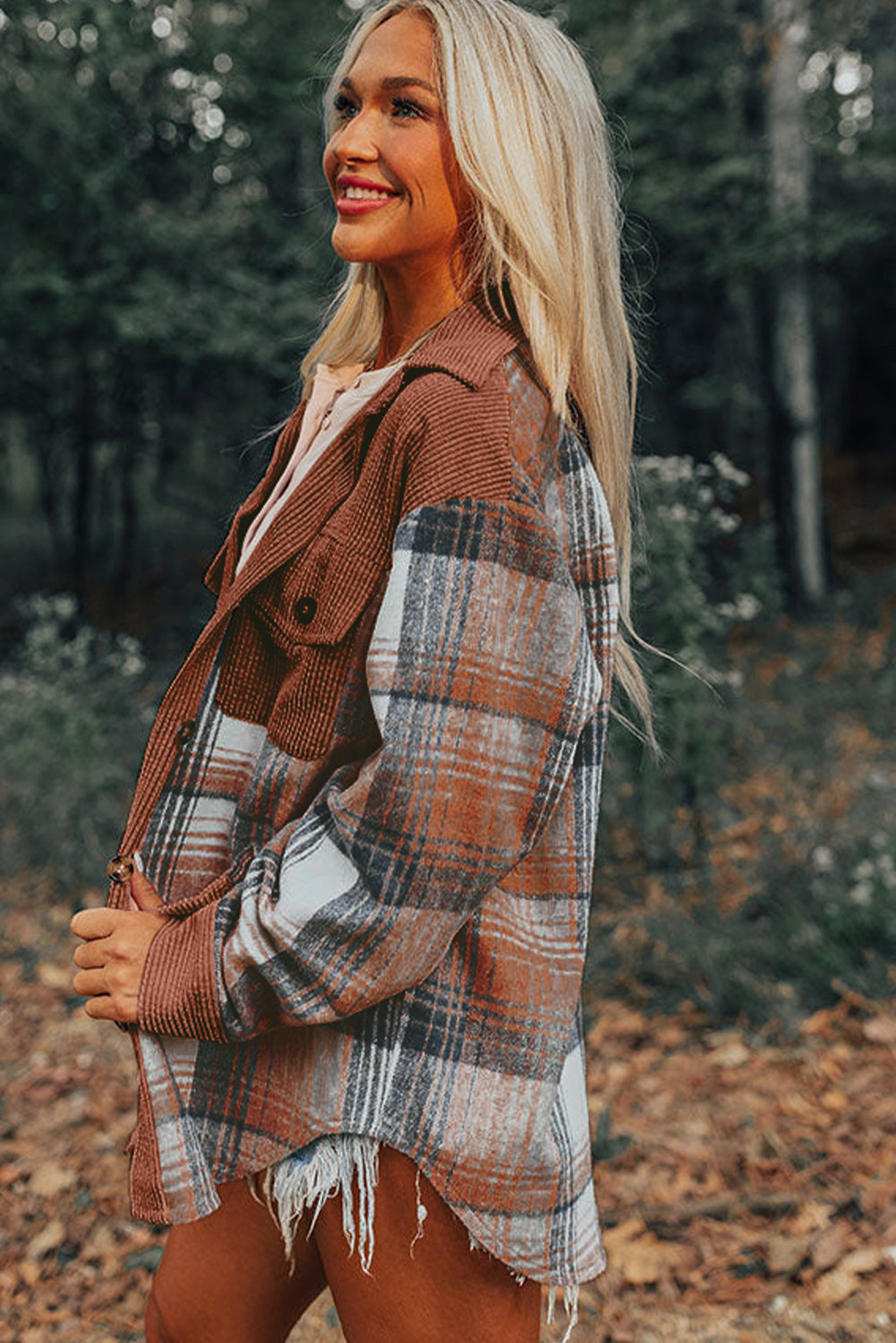 Cinnamon Plaid Corduroy Patchwork Chest Pocket Shacket-Chaelisa's New Jammies