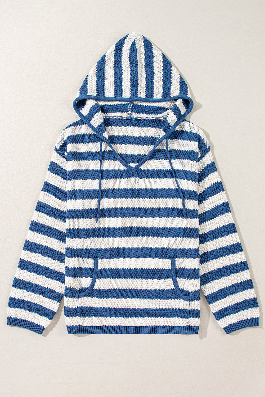 Blue Stripe V Neck Pocketed Drawstring Hooded Sweater-Chaelisa's New Jammies