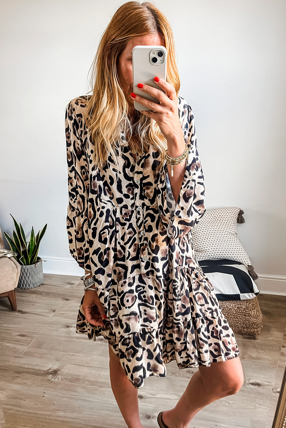 Black Leopard Print Buttoned Front 3/4 Sleeve Tiered Ruffled Hem Dress-Chaelisa's New Jammies