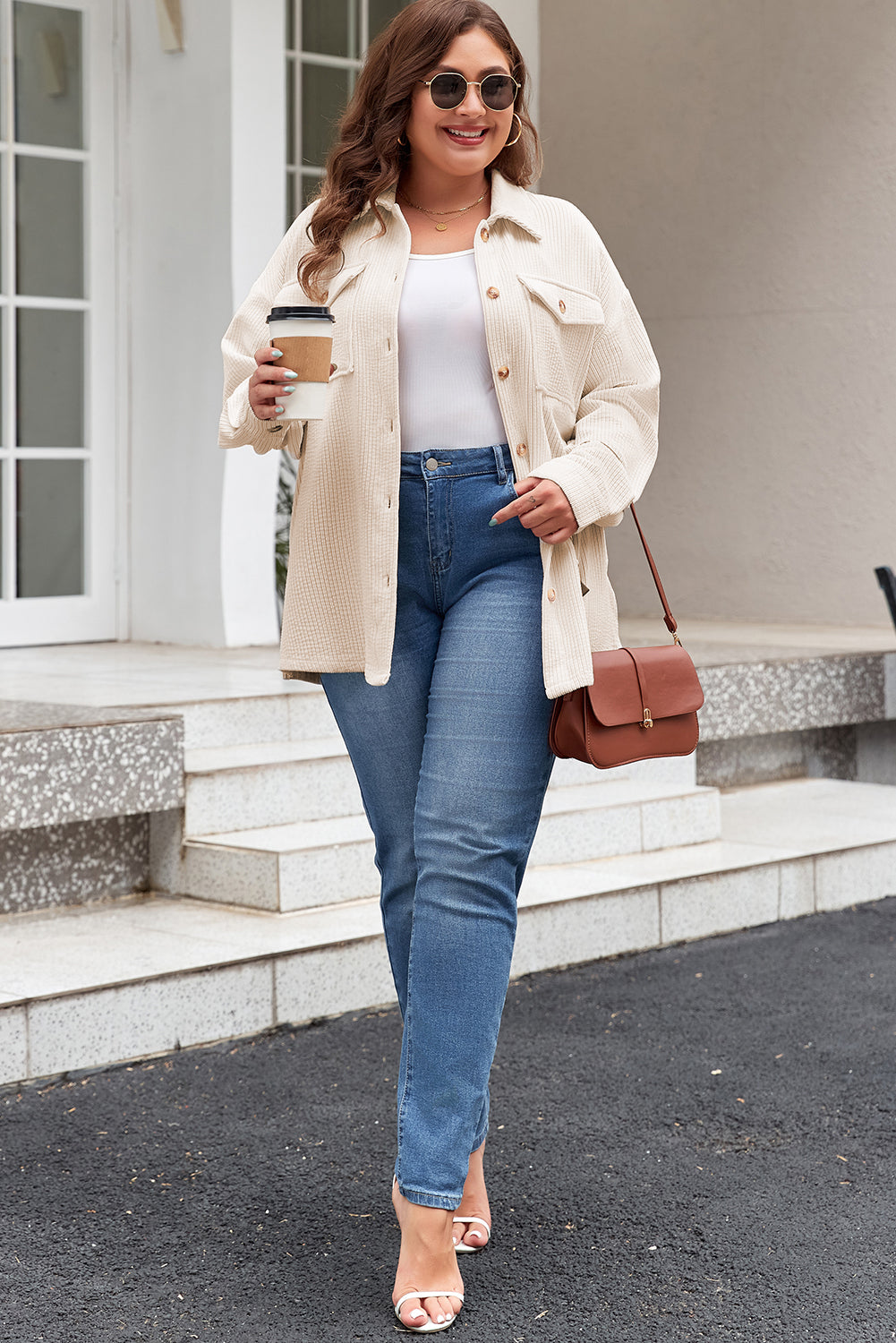 Oatmeal Textured Flap Pockets Buttoned Plus Size Shacket-Chaelisa's New Jammies