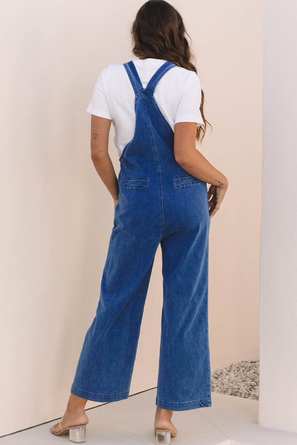Prussian Blue Mineral Wash Knotted Strap Patched Pocket Wide Leg Denim Overalls-Chaelisa's New Jammies