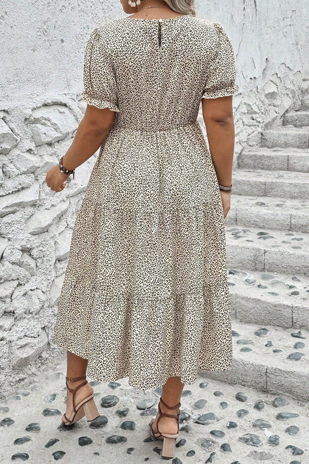 Beige Plus Size Leopard Print Frill Trim Short Sleeve Flared Dress-Chaelisa's New Jammies
