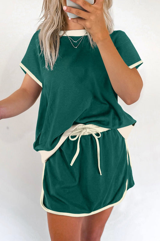 Evergreen Colorblock Edge Drop Shoulder T Shirt and Skort 2Pcs Set - Chaelisa's New Jammies