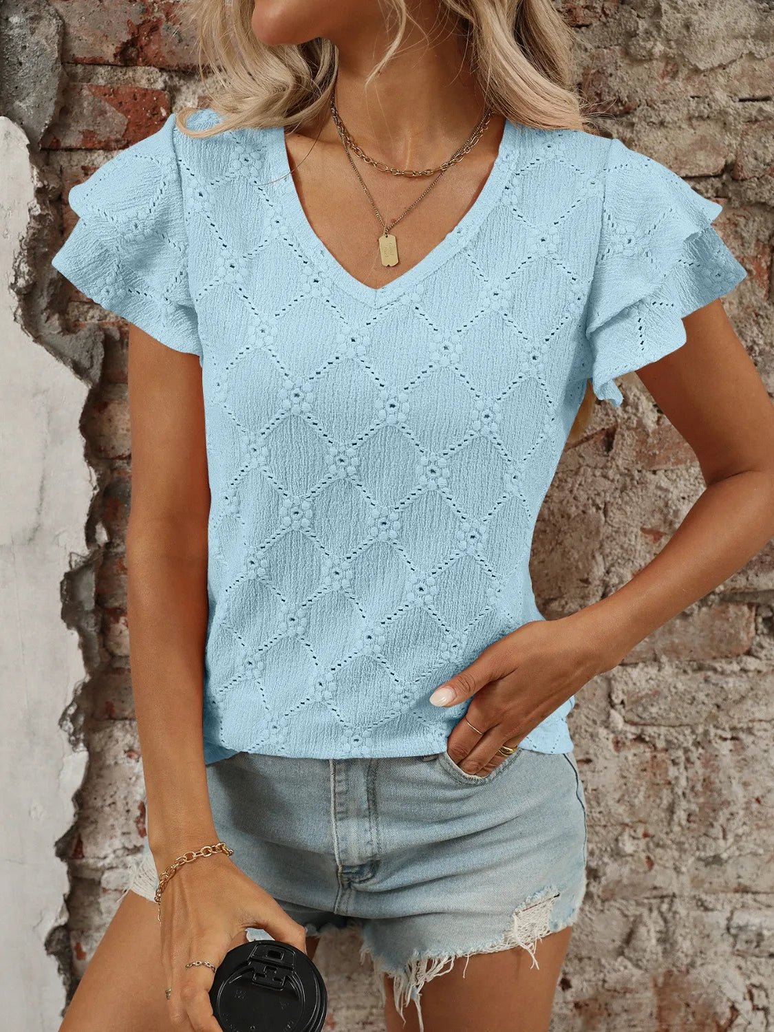 Eyelet V - Neck Ruffled Cap Sleeve Top - Chaelisa's New Jammies