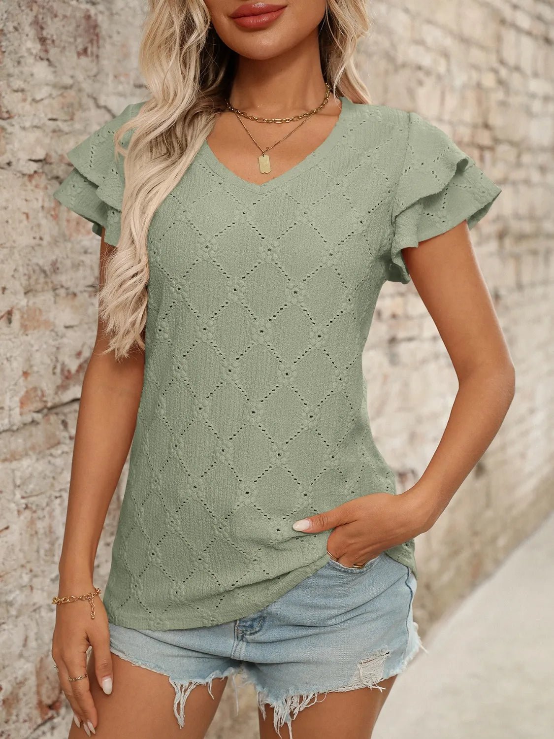 Eyelet V - Neck Ruffled Cap Sleeve Top - Chaelisa's New Jammies