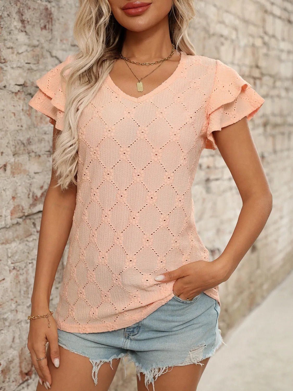 Eyelet V - Neck Ruffled Cap Sleeve Top - Chaelisa's New Jammies