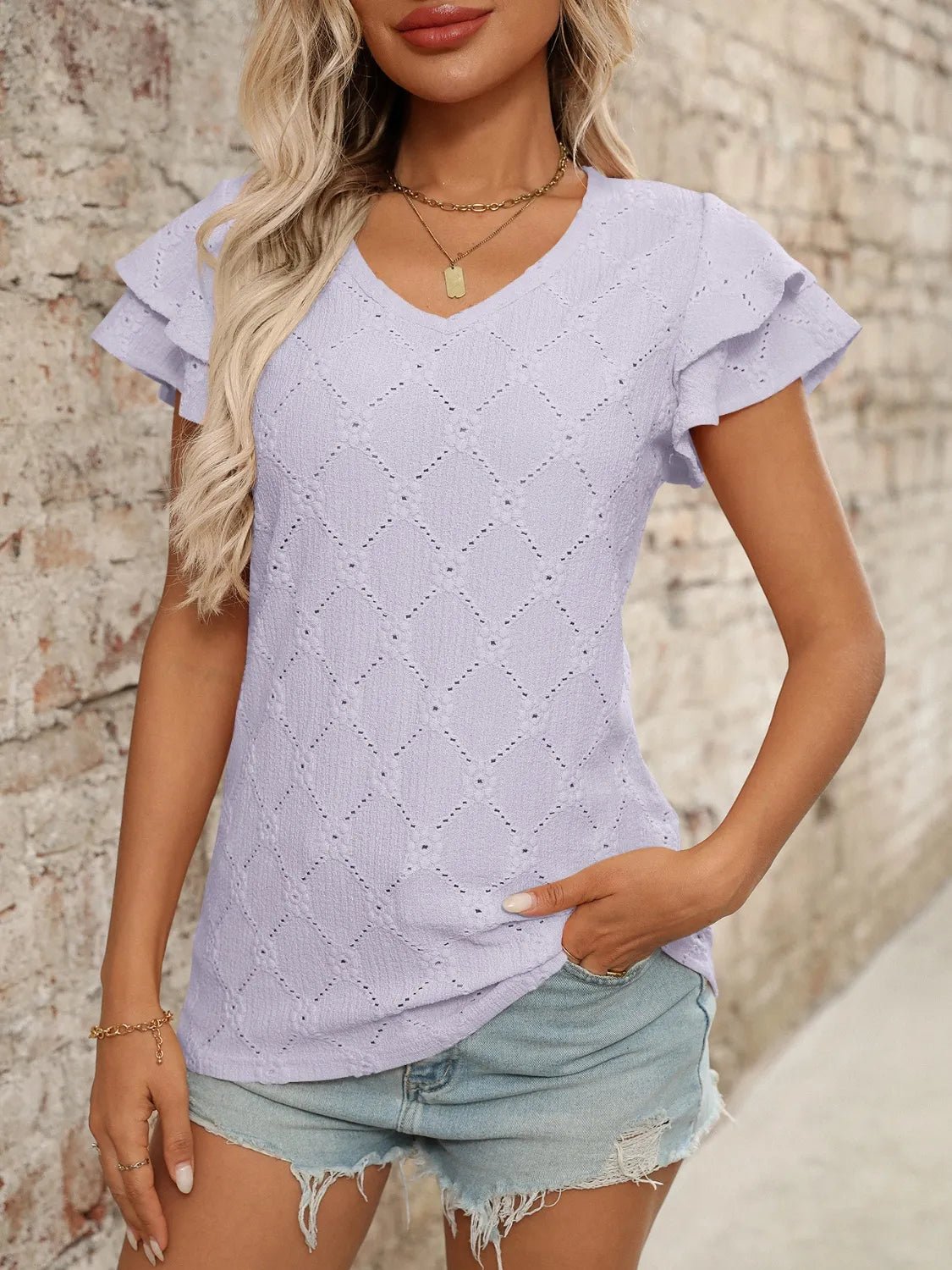 Eyelet V - Neck Ruffled Cap Sleeve Top - Chaelisa's New Jammies