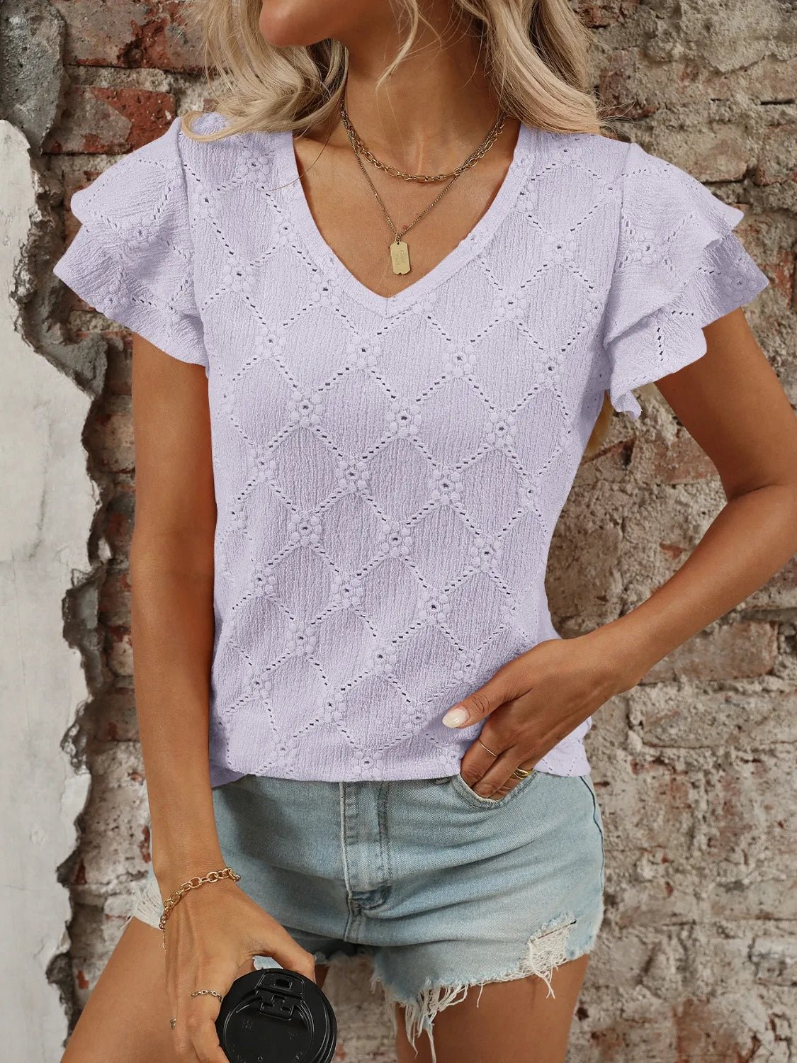 Eyelet V - Neck Ruffled Cap Sleeve Top - Chaelisa's New Jammies