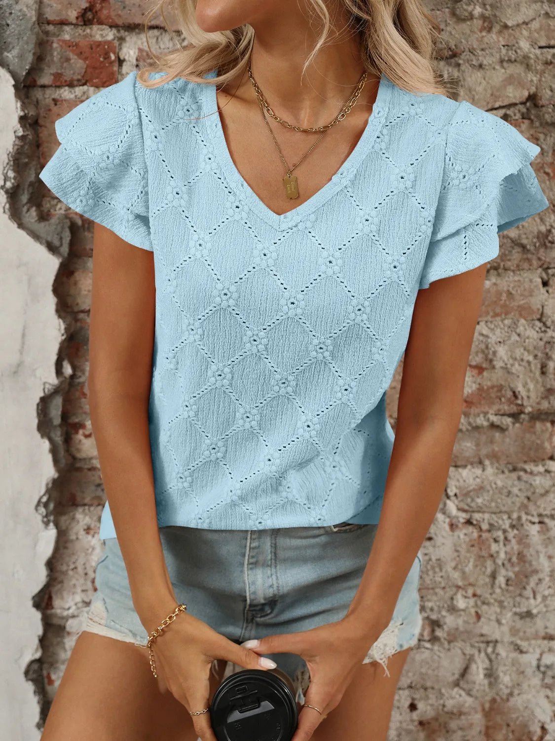 Eyelet V - Neck Ruffled Cap Sleeve Top - Chaelisa's New Jammies