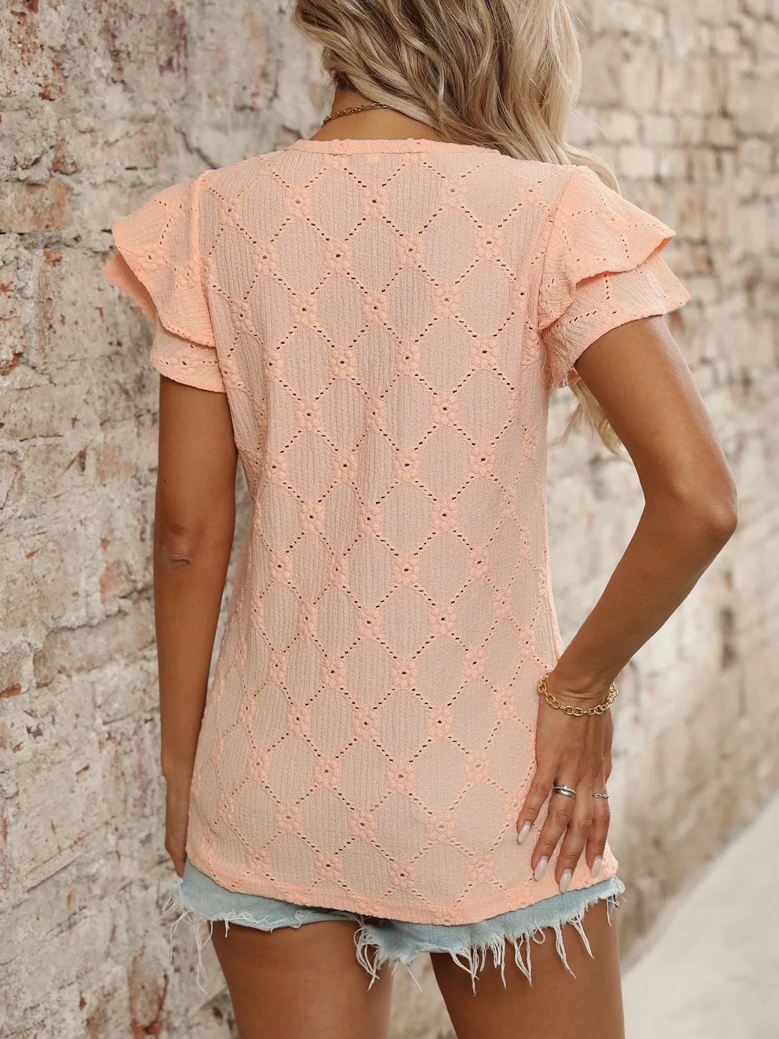 Eyelet V - Neck Ruffled Cap Sleeve Top - Chaelisa's New Jammies