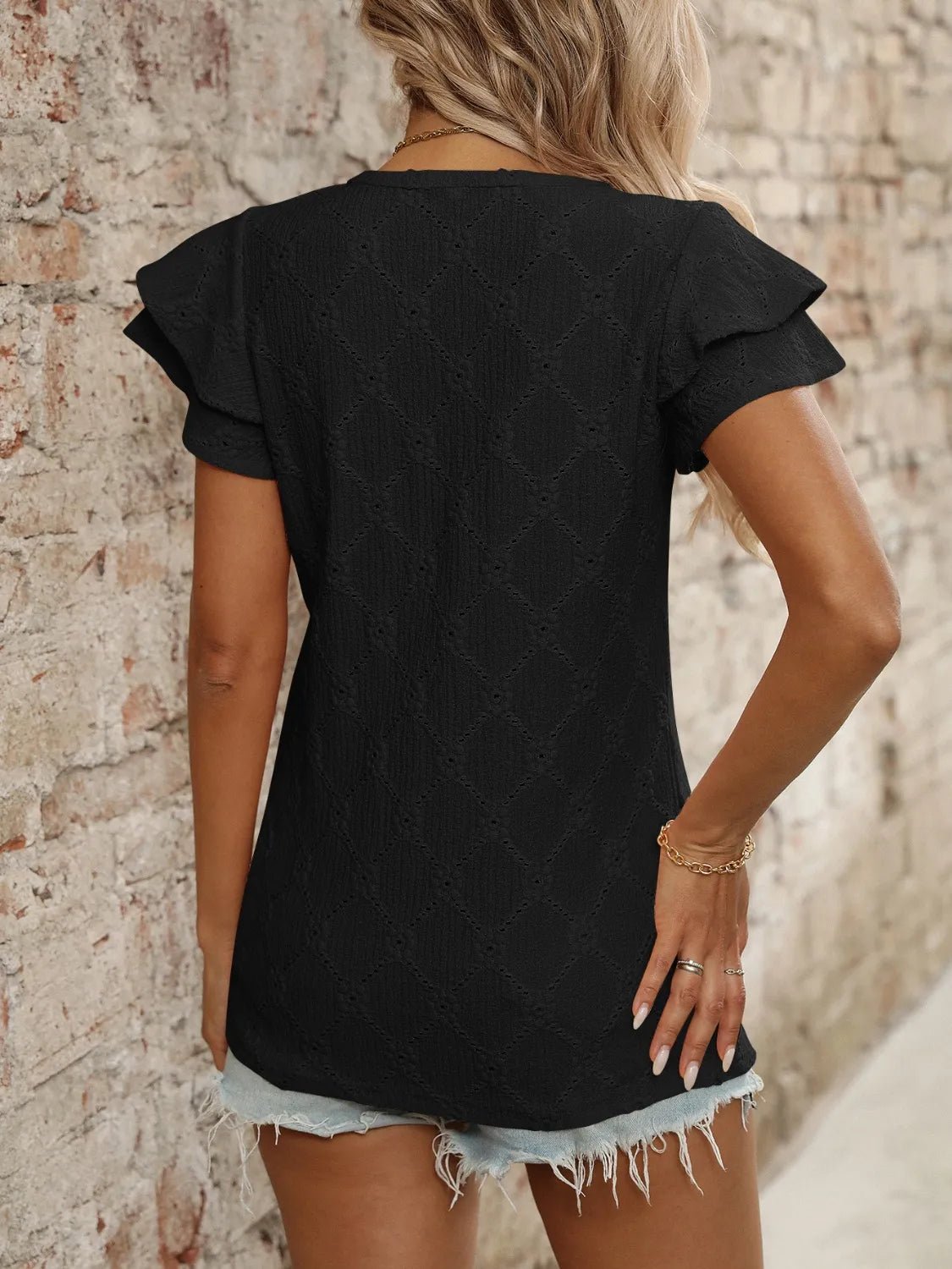 Eyelet V - Neck Ruffled Cap Sleeve Top - Chaelisa's New Jammies