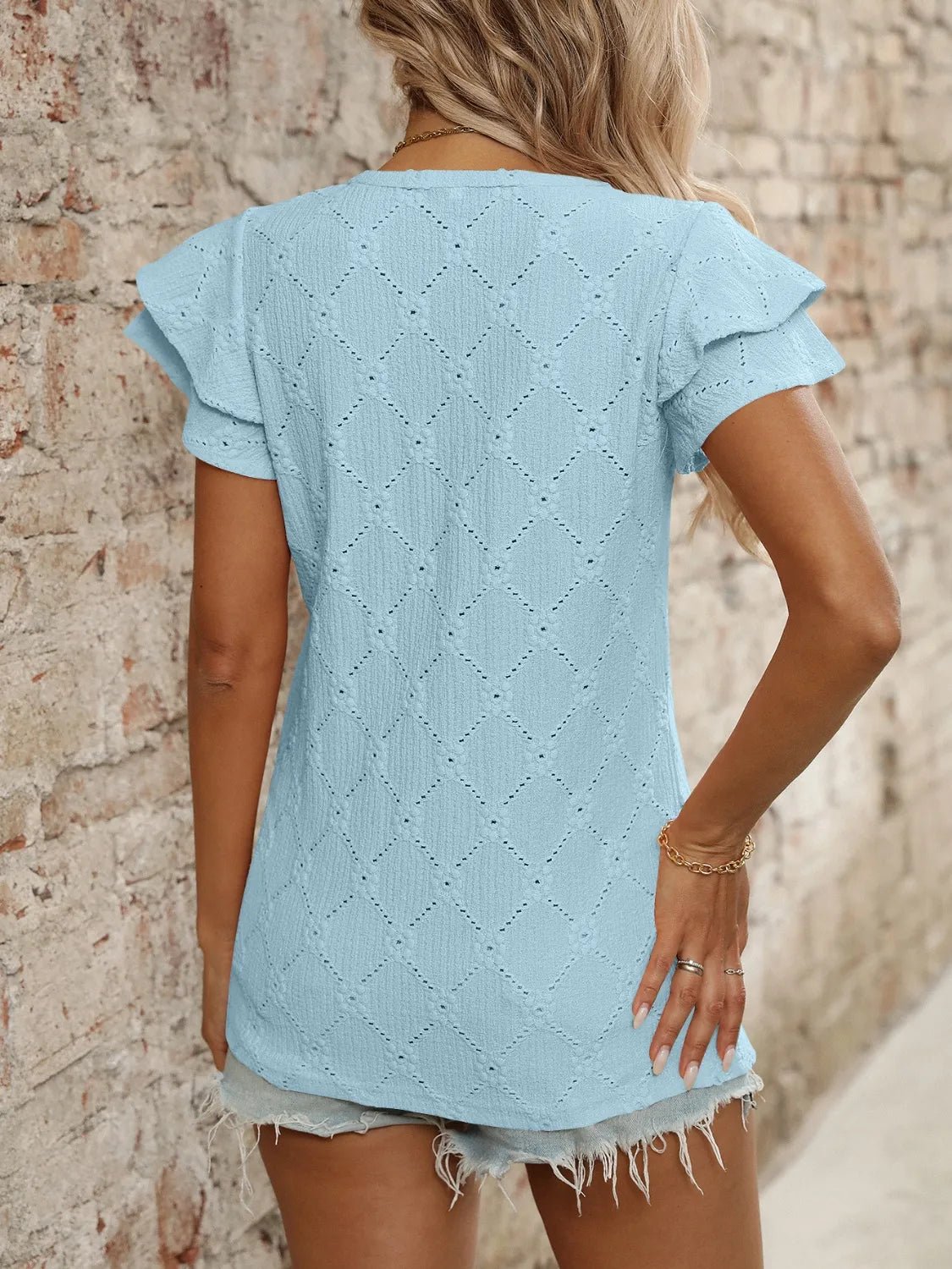 Eyelet V - Neck Ruffled Cap Sleeve Top - Chaelisa's New Jammies