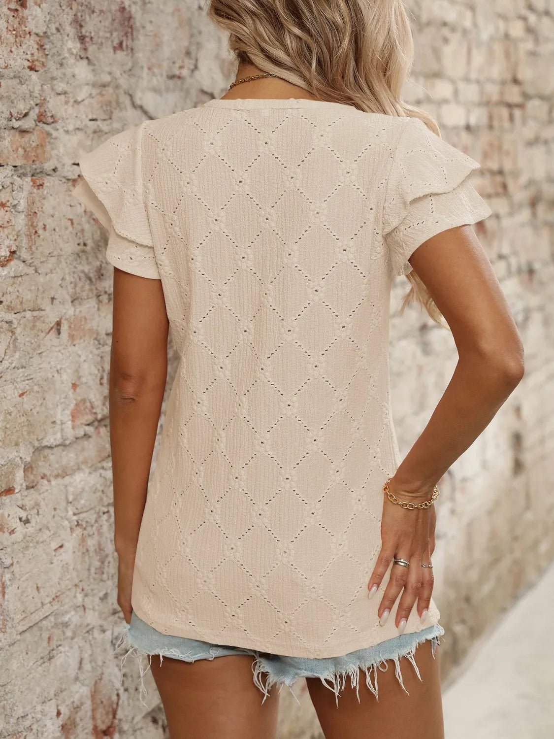 Eyelet V - Neck Ruffled Cap Sleeve Top - Chaelisa's New Jammies