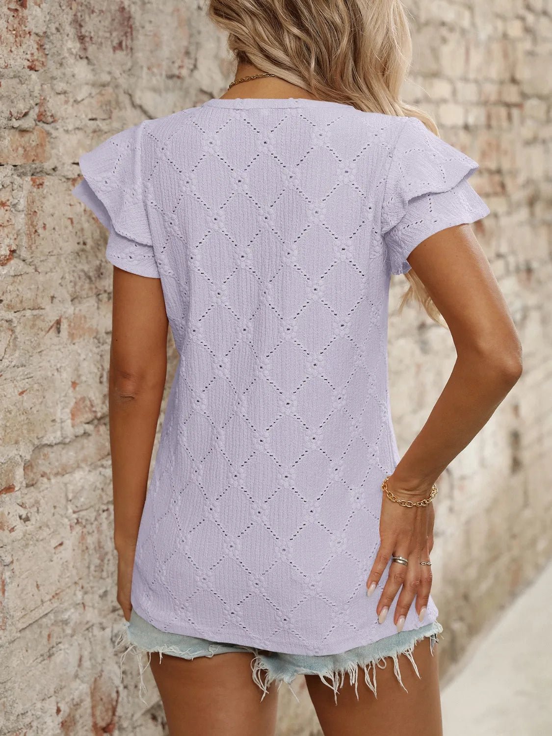 Eyelet V - Neck Ruffled Cap Sleeve Top - Chaelisa's New Jammies