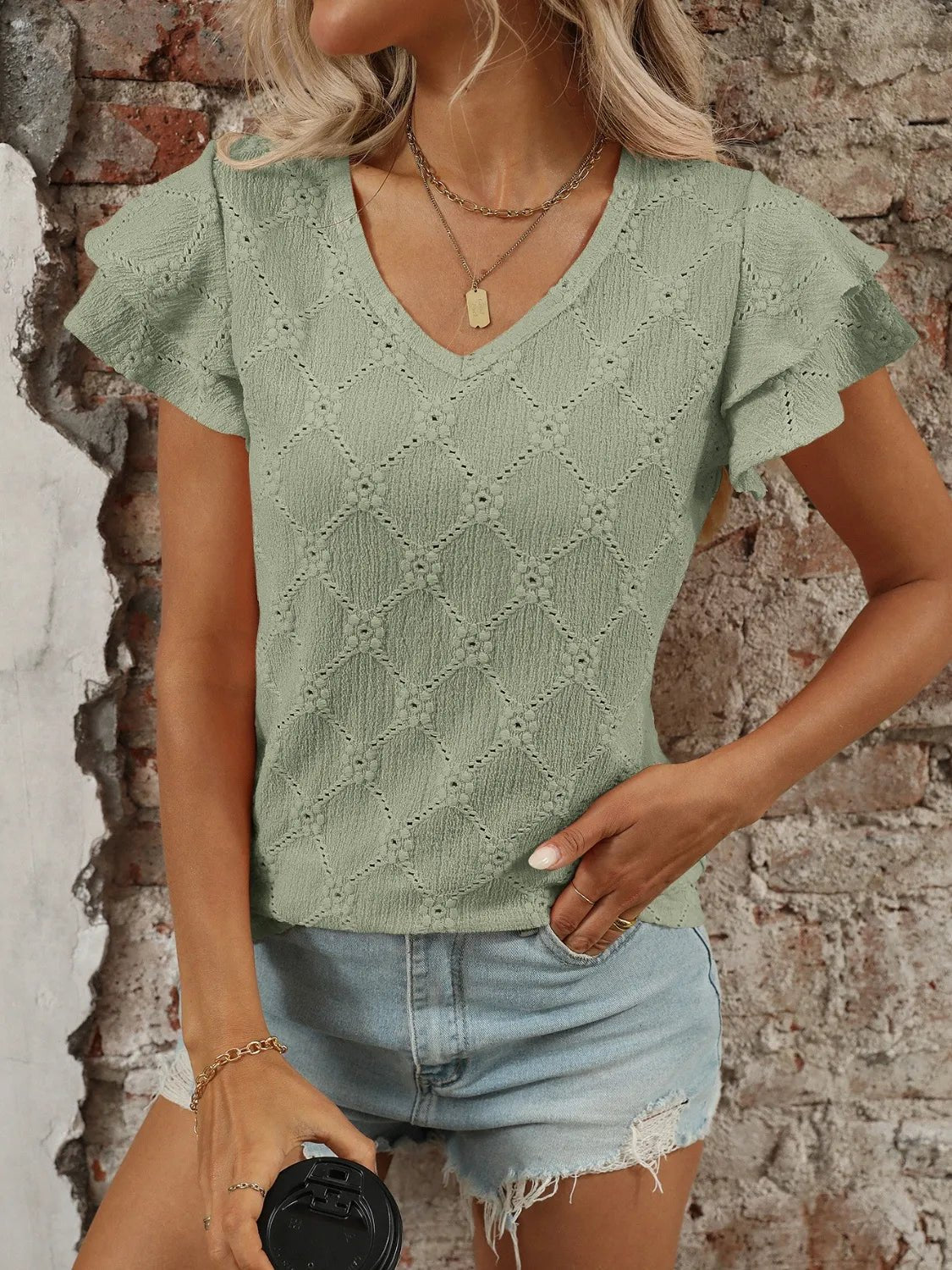 Eyelet V - Neck Ruffled Cap Sleeve Top - Chaelisa's New Jammies