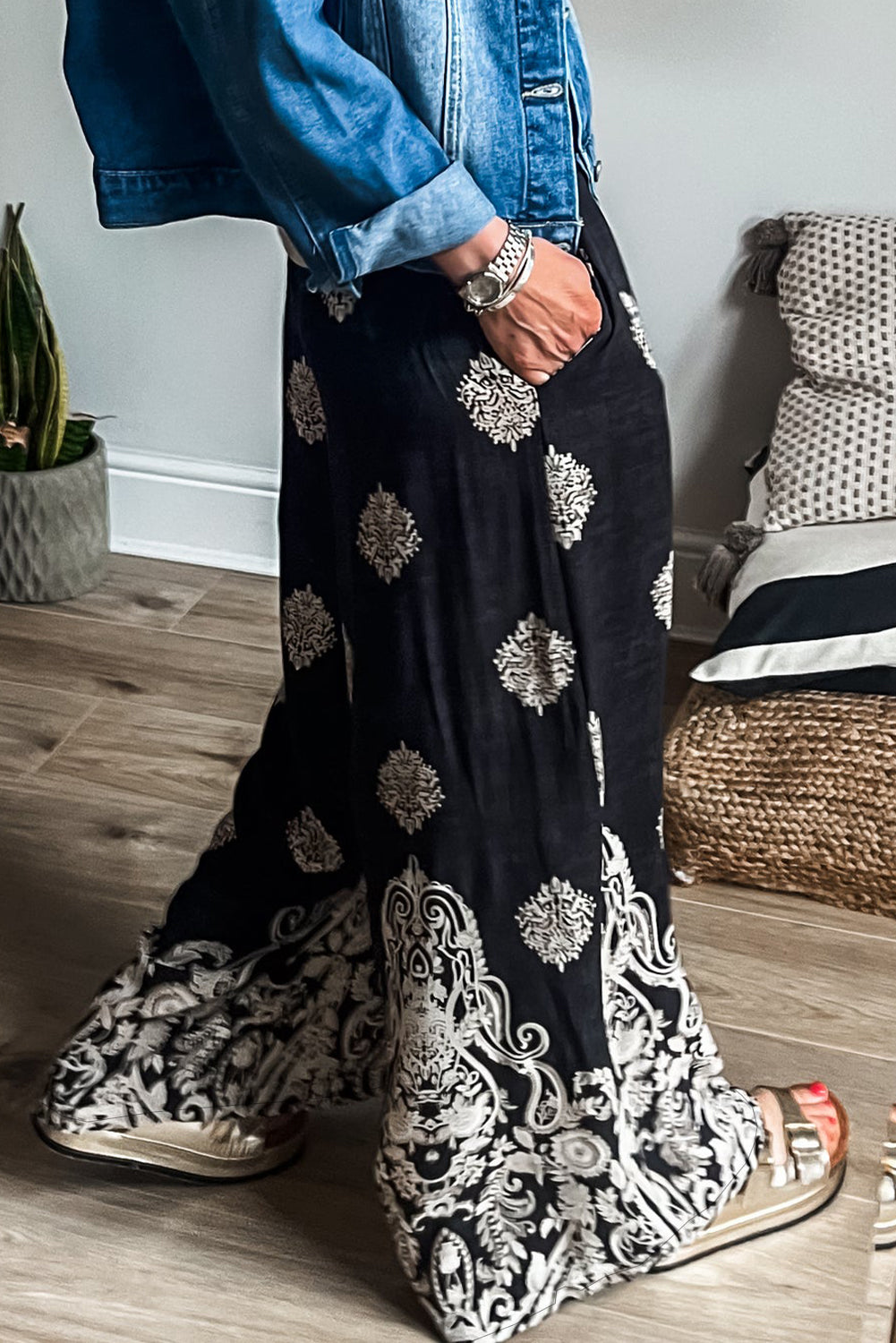 Black Bohemian Printed Drawstring Waist Wide Leg Pants-Chaelisa's New Jammies